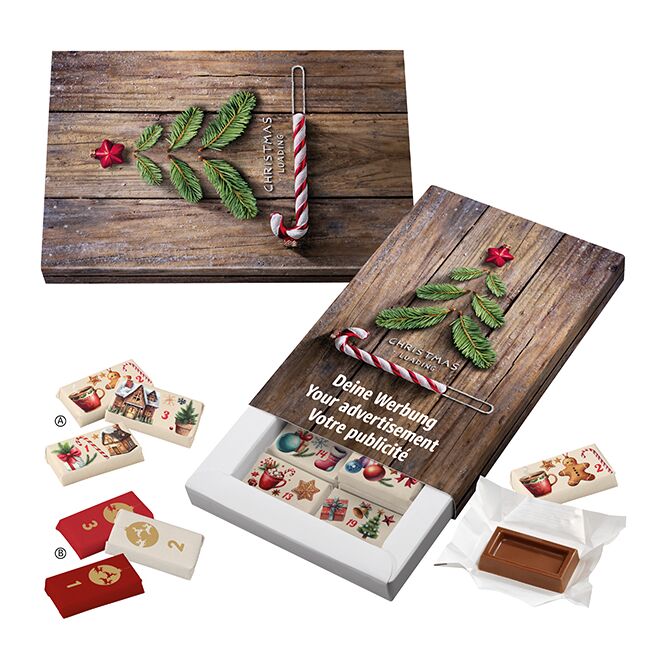 Firmengeschenk Schoko-Naps-Schuber-Adventskalender – weihnachts-motiv – mit individuell bedrucktem Etikett als Weihnachtsgeschenk für Kunden