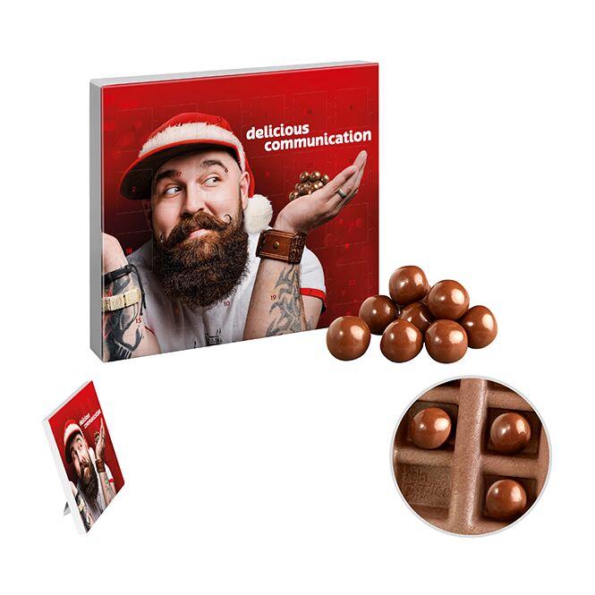 Firmengeschenk reinpapier Mini-Adventskalender – mit schokoknusperkugeln – mit bedrucktem Etikett als Weihnachtsgeschenk für Mitarbeiter