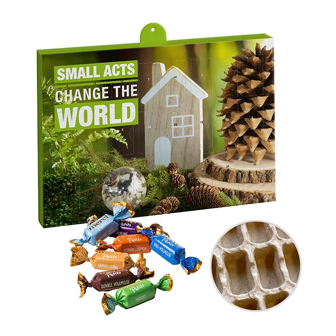Firmengeschenk merci Adventskalender Papier – weihnachtlich – mit bedrucktem Etikett als Weihnachtsgeschenk für Kunden und Partner