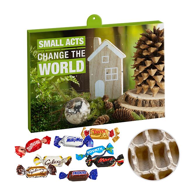 Firmengeschenk Premium Adventskalender mit Celebrations – weiß – mit Logo bedruckt 24 Türchen als Weihnachtsgeschenk für Kunden und Partner