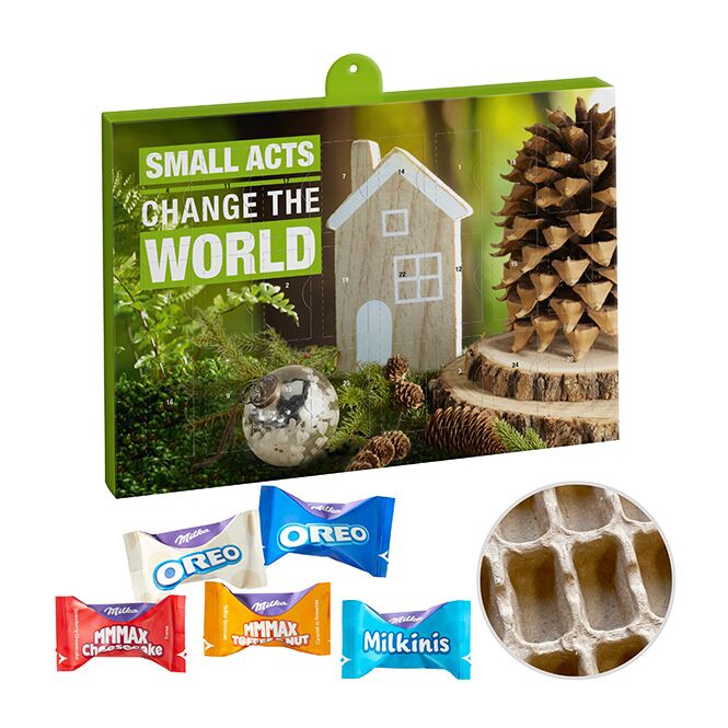 Firmengeschenk Milka Adventskalender Eco – weihnachtlich – mit bedrucktem Etikett 24 Füllungen als Weihnachtsgeschenk für Mitarbeiter