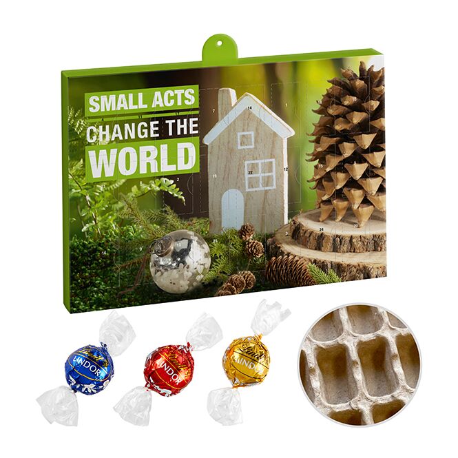 Mitarbeiter-Weihnachtsgeschenk Lindt Lindor Adventskalender Eco mit Logodruck – nachhaltiges Firmenpräsent aus Papier für Kunden und Geschäftspartner