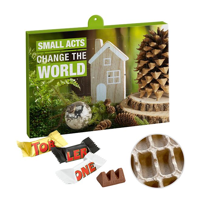 Kundenpräsent Adventskalender Eco mit Toblerone Mini Mix mit Logodruck – nachhaltiger Kalender für Firmen und Geschäftspartner