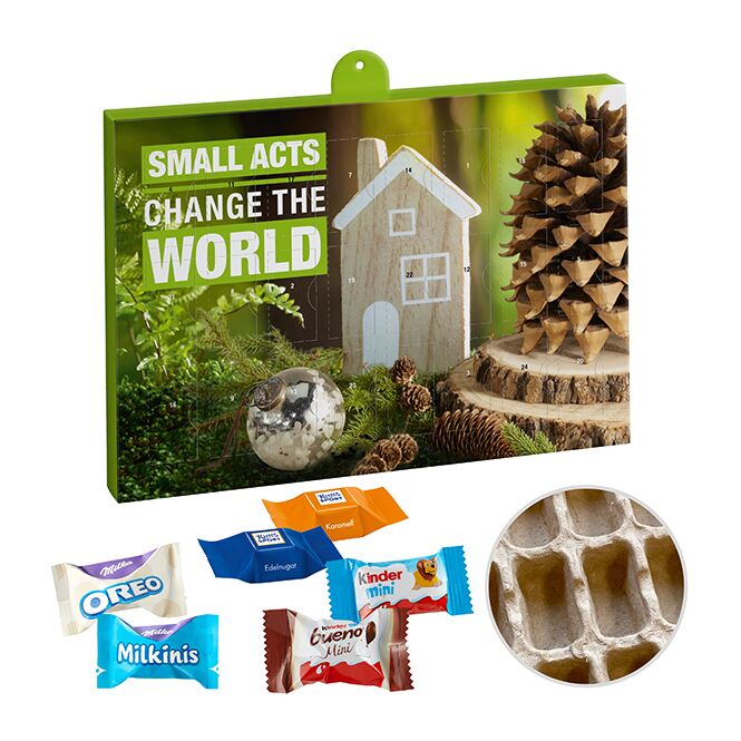 Firmengeschenk Ritter Sport & Milka & Kinder Adventskalender – weihnachtlich – inkl. Werbeaufdruck mit Inlay als Weihnachtsgeschenk für Kunden und
