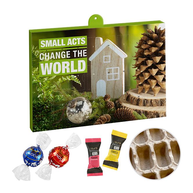 Kundenpräsent Premium Adventskalender Eco mit Lindt Schokolade mit Logodruck – nachhaltige Weihnachtsüberraschung für Firmen