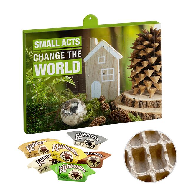 Firmengeschenk Premium Marken-Adventskalender PAPIER – mit kuhbonbons – mit bedrucktem Etikett als Weihnachtsgeschenk für Kunden und Partner