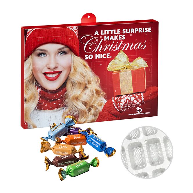 Firmengeschenk merci Petits Adventskalender – weiß – mit bedrucktem Etikett 24 Türchen als Weihnachtsgeschenk für Kunden und Partner