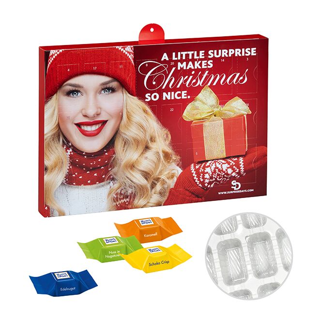 Kundenpräsent Adventskalender mit Ritter Sport Schokolade mit Logodruck – Weiß – nachhaltige Werbemittel für Firmen und Büro