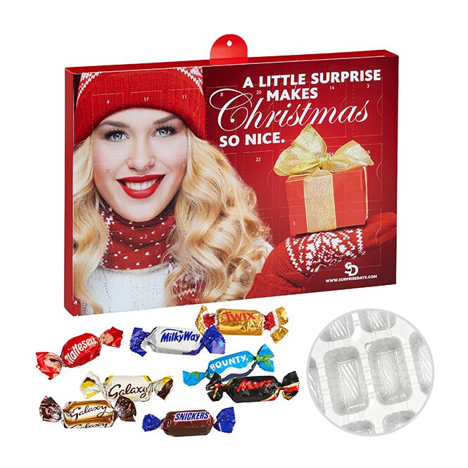 Firmengeschenk Premium-Adventskalender mit Celebrations – weihnachten – mit bedrucktem Etikett als Weihnachtsgeschenk für Mitarbeiter