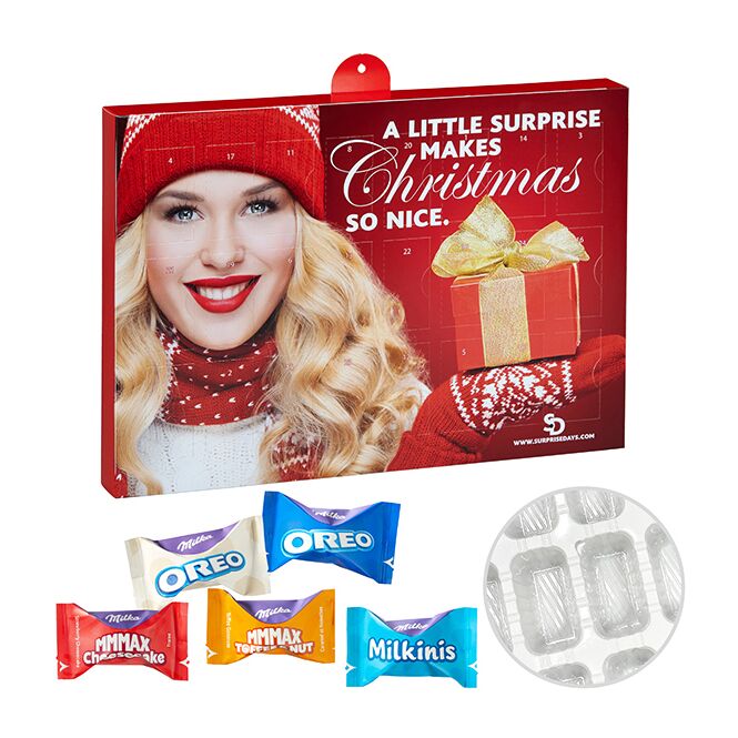 Firmengeschenk Milka Adventskalender – weiß – mit bedrucktem Etikett 24 Türchen als Weihnachtsgeschenk für Kunden und Partner