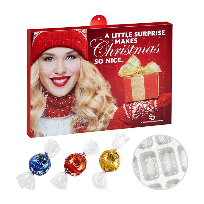 Kundenpräsent Premium Adventskalender mit Lindt Lindor Mix mit Logodruck – nachhaltige Schokoladenpräsente für Mitarbeiter und Geschäftspartner