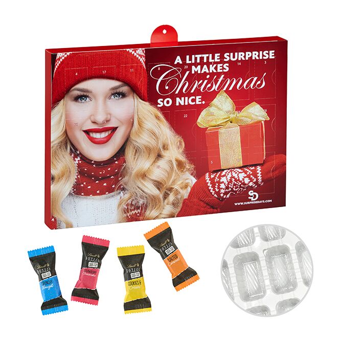 Firmengeschenk Lindt Hello Mini Stick Mix – adventskalender – inkl. Werbeaufdruck 24 stück als Weihnachtsgeschenk für Kunden und Partner