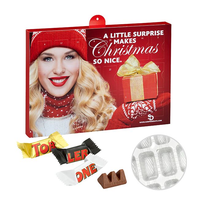 Kundenpräsent Adventskalender mit Toblerone Mix mit Logodruck – recyclebares Monofolie Design – exklusives Firmenpräsent für die Weihnachtszeit