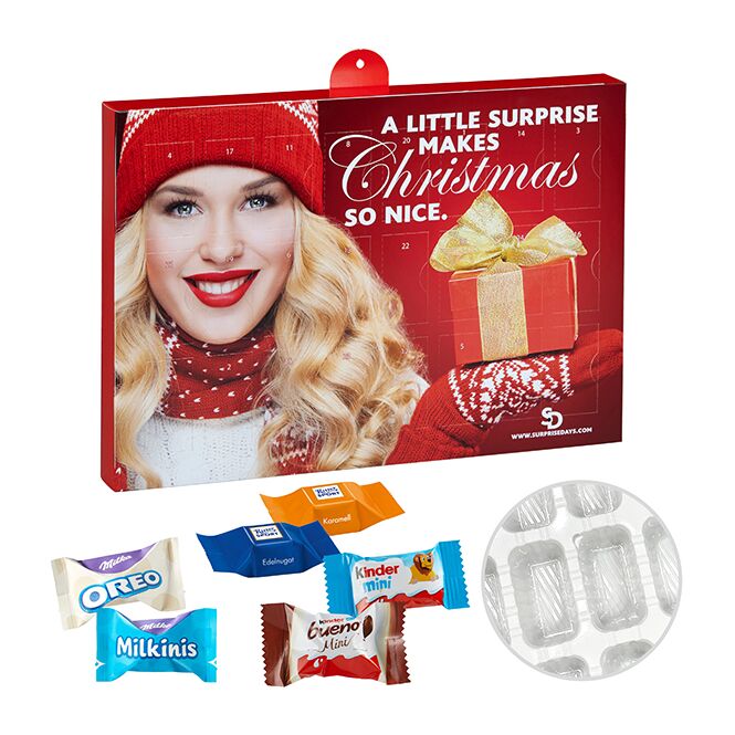 Firmengeschenk Ritter Sport Milka Kinder Adventskalender – weihnachtlich – inkl. Werbeaufdruck als Weihnachtsgeschenk für Kunden und Partner