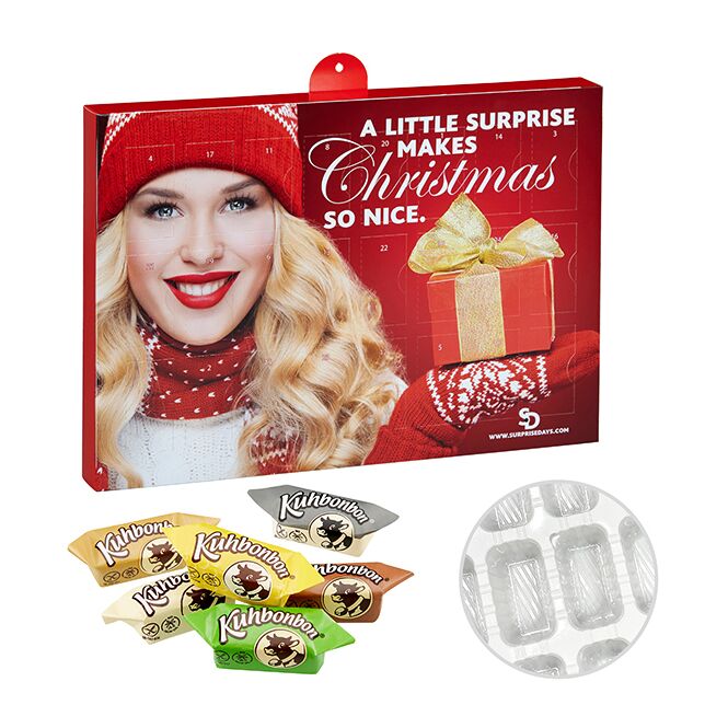 Firmengeschenk Premium-Adventskalender mit Kuhbonbons – mit bedrucktem Etikett 24 Türchen als Weihnachtsgeschenk für Kunden und Partner