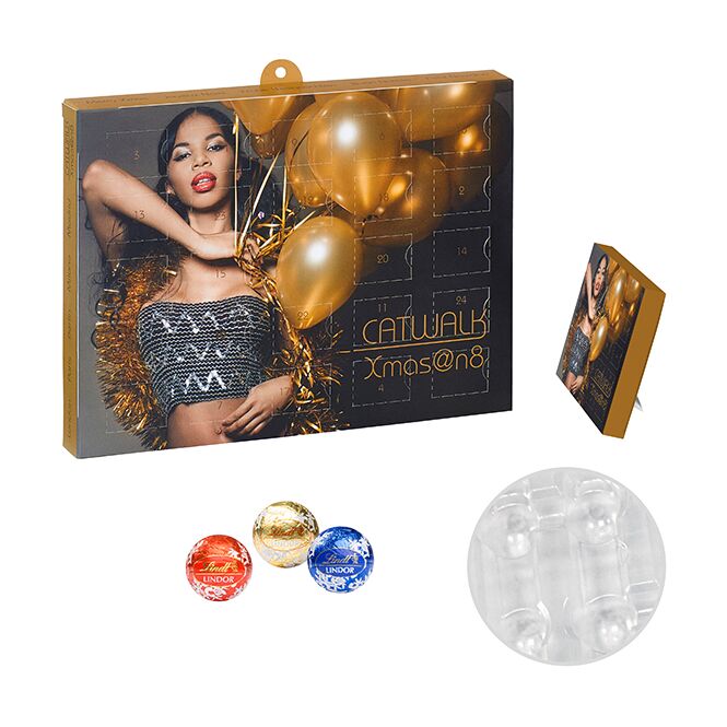 Firmengeschenk Lindt Lindor Praliné-Adventskalender – weihnachtlich – mit bedrucktem Etikett 24 Pralinés als Weihnachtsgeschenk für Mitarbeiter