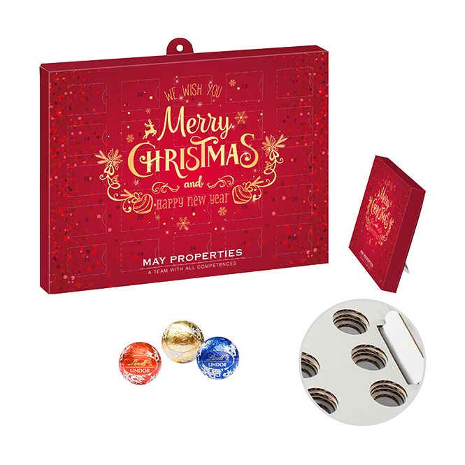 Mitarbeiter-Weihnachtsgeschenk Lindor Praliné-Adventskalender mit Logodruck – nachhaltiges Werbemittel aus Papier für Firmenkunden
