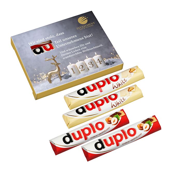 Firmengeschenk Duplo 4er Pack – advents-mix – mit bedrucktem Etikett 72g als Weihnachtsgeschenk für Kunden und Partner sowie Mitarbeiter.