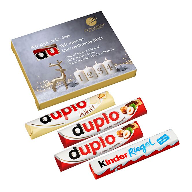 Firmengeschenk Duplo & Kinder Riegel – weihnachtliche schokoladenmischung – inkl. Werbeaufdruck 4er Pack als Weihnachtsgeschenk für Mitarbeiter
