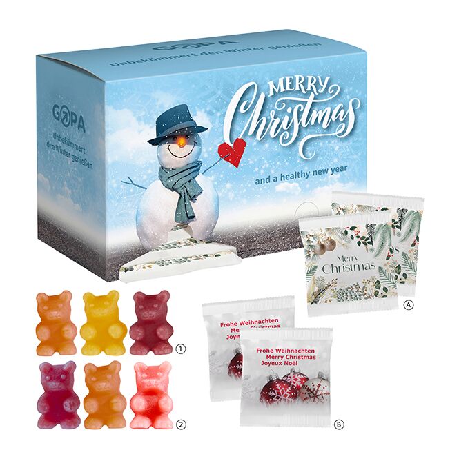 Firmengeschenk Tee-Bären Dispenser-Adventskalender – weihnachtsdesign – mit bedrucktem Etikett als Weihnachtsgeschenk für Kunden und Partner