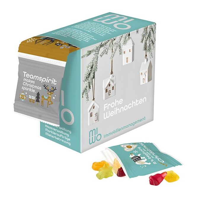 Firmengeschenk Fruchtgummi-Ketten-Adventskalender Spenderbox – weihnachten – mit individuell bedrucktem Etikett 24 Tütchen als Weihnachtsgeschenk für