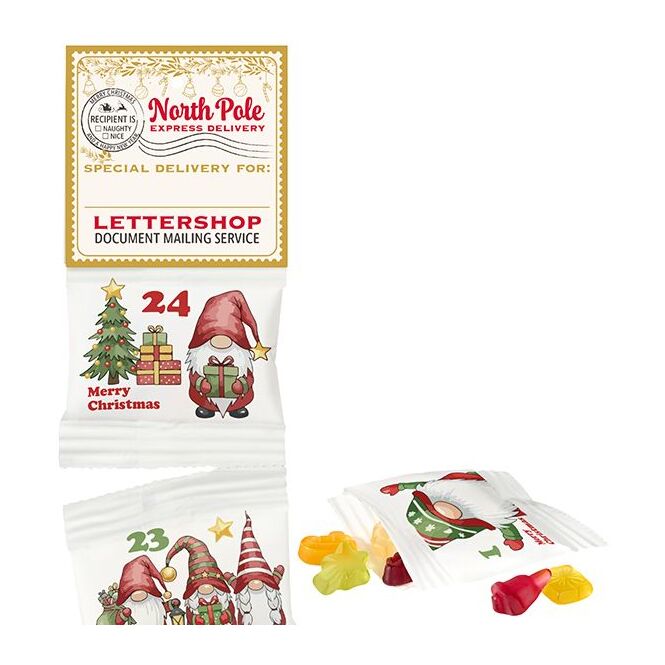 Firmengeschenk Fruchtgummi-Ketten-Adventskalender – weihnachten – mit individueller Banderole 24 Tütchen als Weihnachtsgeschenk für Mitarbeiter