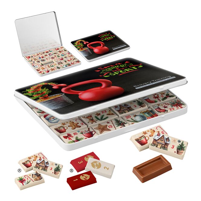 Firmengeschenk Adventskalender MAXI Dekordose – weihnachtlich – mit bedrucktem Etikett 110g als Weihnachtsgeschenk für Kunden und Partner
