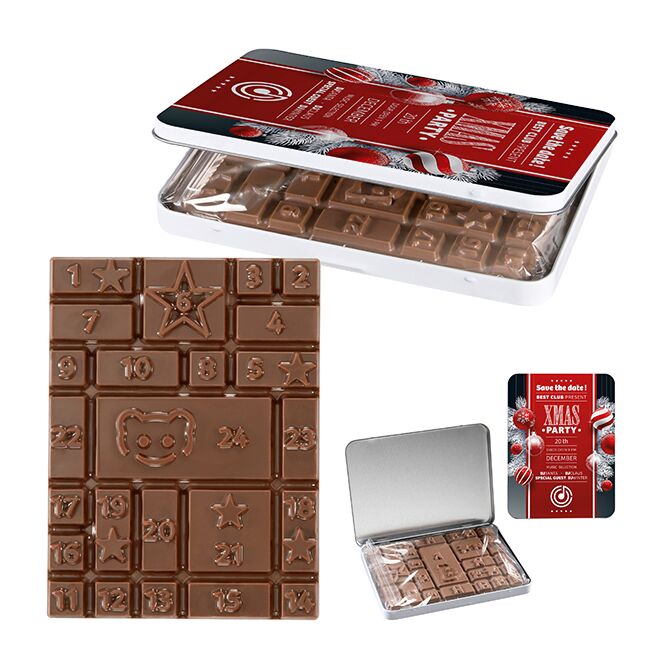 Firmengeschenk Adventskalender MINI Dekordose – adventskalender-schokoladentafel – mit individuellem Etikett als Weihnachtsgeschenk für Kunden