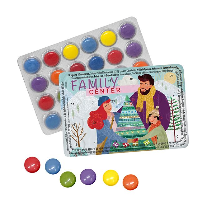 Firmengeschenk kleinster adventskalender der welt mit schokolinsen – weiß – mit individuellem etikett als weihnachtsgeschenk für mitarbeiter