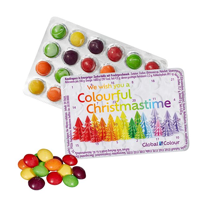 Firmengeschenk Kleinster Skittles Adventskalender – weihnachtszeit – mit bedrucktem Etikett als Weihnachtsgeschenk für Kunden und Partner