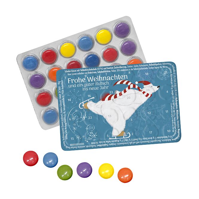 Firmengeschenk Kleinster Adventskalender der Welt Standard – weihnachtliche schokolinsen – mit bedrucktem Etikett als Weihnachtsgeschenk für Kunden