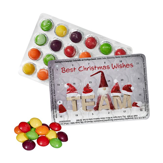 Firmengeschenk Kleinster Adventskalender der Welt mit Skittles – weihnachten – mit bedrucktem Etikett als Weihnachtsgeschenk für Mitarbeiter