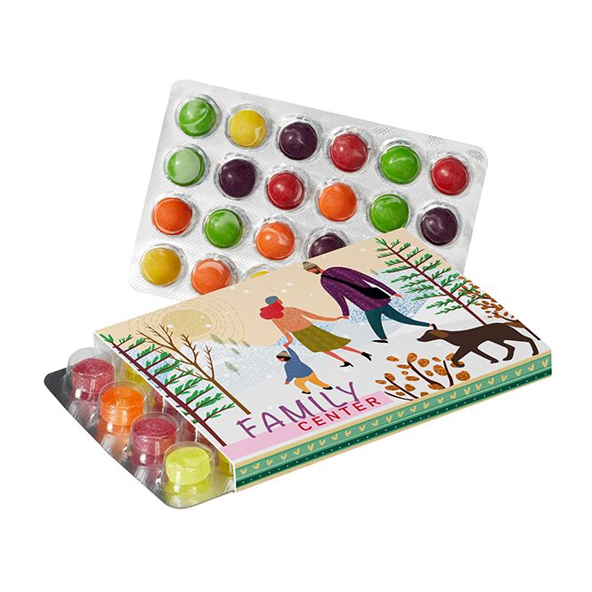 Firmengeschenk Kleinster Adventskalender mit Skittles – weihnachtlich – inkl. Werbeaufdruck als Weihnachtsgeschenk für Kunden und Partner