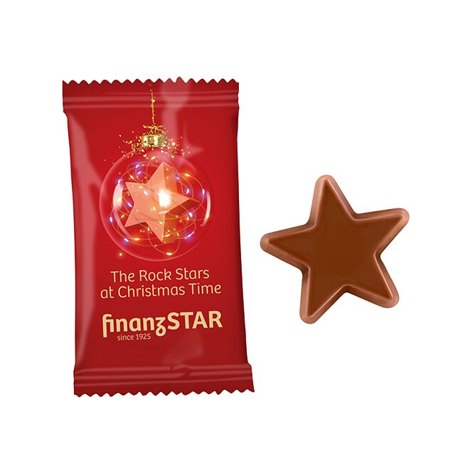 Streuartikel Schoko-Stern Flowpack – schokolade – mit Logo bedruckt 1 Stück als Weihnachtsgeschenk für Mitarbeiter und Kunden