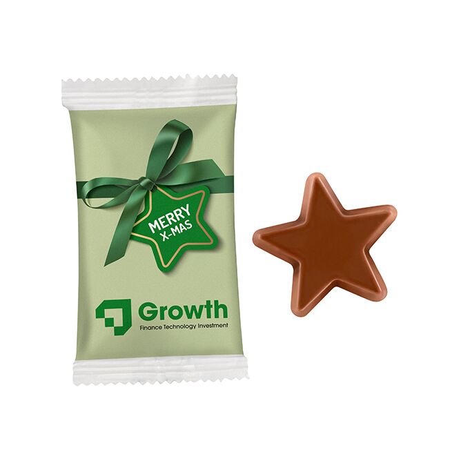 Firmengeschenk Schoko-Stern im Papierflowpack – weihnachtlich – inkl. Werbeaufdruck Schokolade als Weihnachtsgeschenk für Kunden und Partner