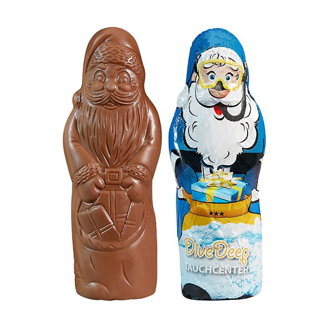 Firmengeschenk MAXI-Schoko-Weihnachtsmann – gold – mit individuell bedruckter Alufolie 100 g als Weihnachtsgeschenk für Kunden und Partner