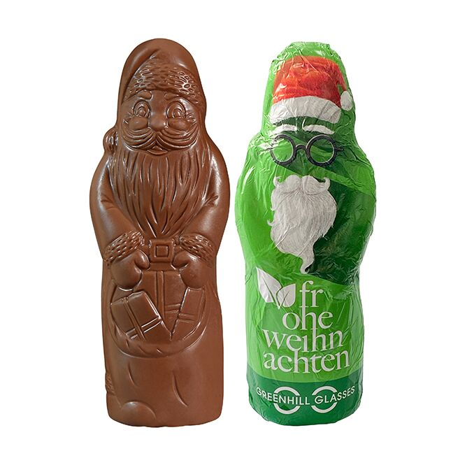 Firmengeschenk Veganer MAXI-Schoko-Weihnachtsmann – weihnachten – mit bedrucktem Etikett als Weihnachtsgeschenk für Mitarbeiter und Partner