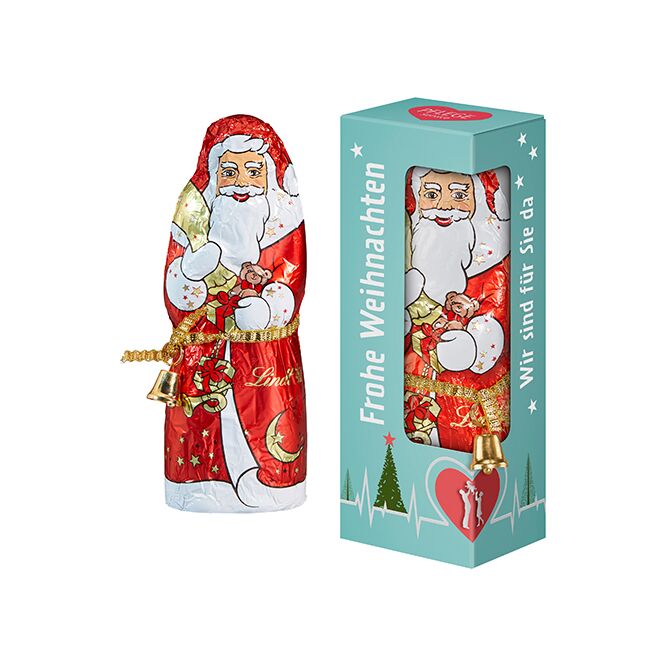 Firmengeschenk Lindt & Sprüngli Weihnachtsmann – weiß – mit bedrucktem Etikett 1 Stück als Weihnachtsgeschenk für Kunden und Partner