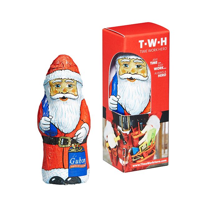 Firmengeschenk Gubor Weihnachtsmann – weiß – mit Logo bedruckt 1 Stück als Weihnachtsgeschenk für Kunden und Partner anwenden