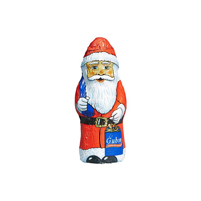 Firmengeschenk Gubor Weihnachtsmann – weihnachtlich – mit bedrucktem Etikett als Weihnachtsgeschenk für Mitarbeiter und Geschäftspartner
