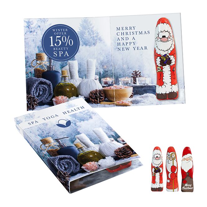 Firmengeschenk Schoki-Weihnachtsmännchen Standard – weihnachtlich – mit bedrucktem Etikett als Weihnachtsgeschenk für Kunden und Partner