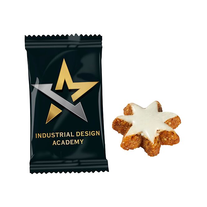Firmengeschenk Zimtstern – weiß – mit Logo bedruckt in Flowpack als weihnachtliches Werbegeschenk für Kunden und Partner mit süßem Gruß