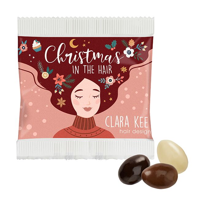 Firmengeschenk Weihnachtsmandeln Schokolade – schokolade – mit individuellem Etikett 50g als Weihnachtsgeschenk für Kunden und Partner