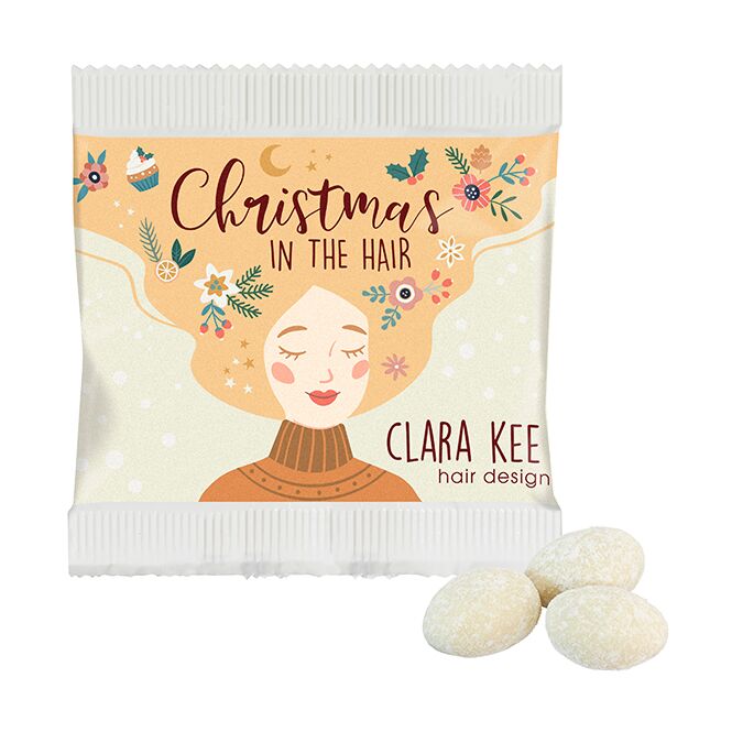 Firmengeschenk Weihnachtsmandeln Vanille – mit bedrucktem Etikett – 100g als Weihnachtsgeschenk für Kunden und Partner