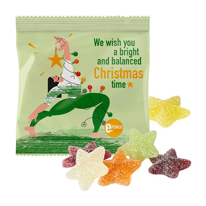 Firmengeschenk Veganes Weihnachtsgelee – sternform bunt gemischt – mit bedrucktem Etikett als Weihnachtsgeschenk für Kunden und Partner