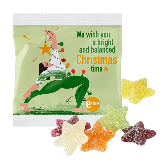 Firmengeschenk Veganes Weihnachtsgelee – sternform bunt gemischt – mit bedrucktem Etikett als Weihnachtsgeschenk für Kunden und Partner