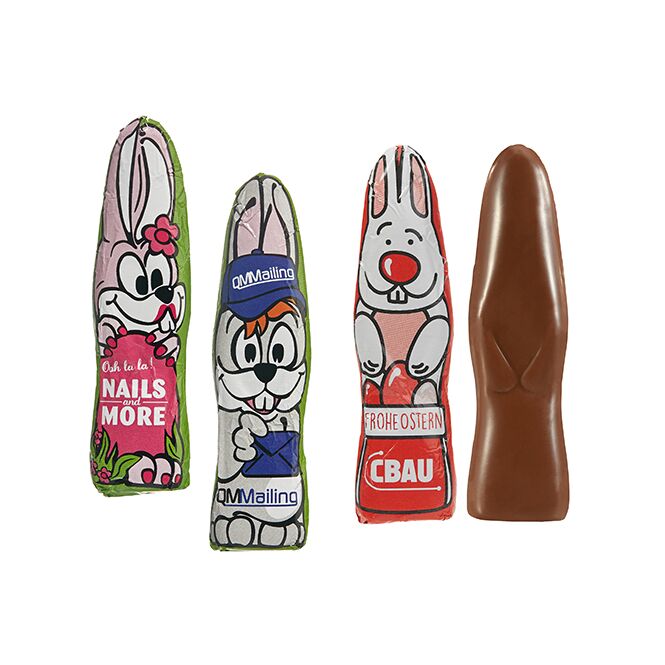 Oster-Werbeartikel MINI-Schoki-Osterhäschen weiß – weiß – mit Logo bedruckt 1 Stück als süßes Oster-Werbegeschenk für Kunden und Partner