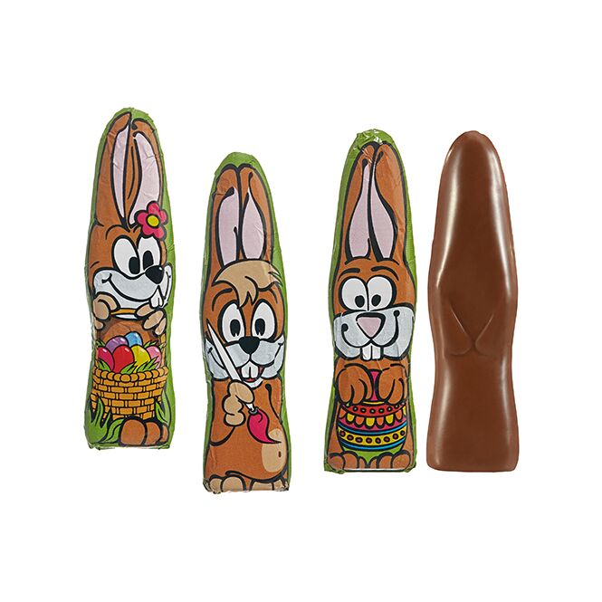 Oster-Werbeartikel MINI-Schoki-Osterhäschen flachliegend – bunt gemischt – mit individuellem Etikett 1 Stück als süßes Oster-Werbegeschenk für Kunden