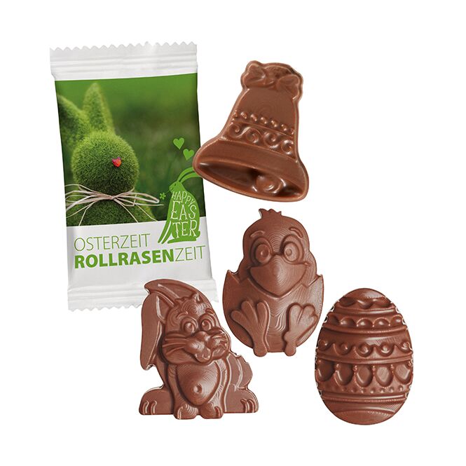 Oster-Werbeartikel Schoko-Figuren – osterhase, osterei, küken – mit Logo bedruckt als süßes Oster-Werbegeschenk für Kunden und Partner