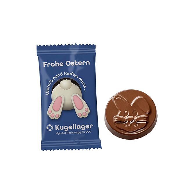 Oster-Werbeartikel Schokotaler – osterhase – mit bedrucktem Etikett ca. 10g als süßes Oster-Werbegeschenk für Kunden und Mitarbeiter